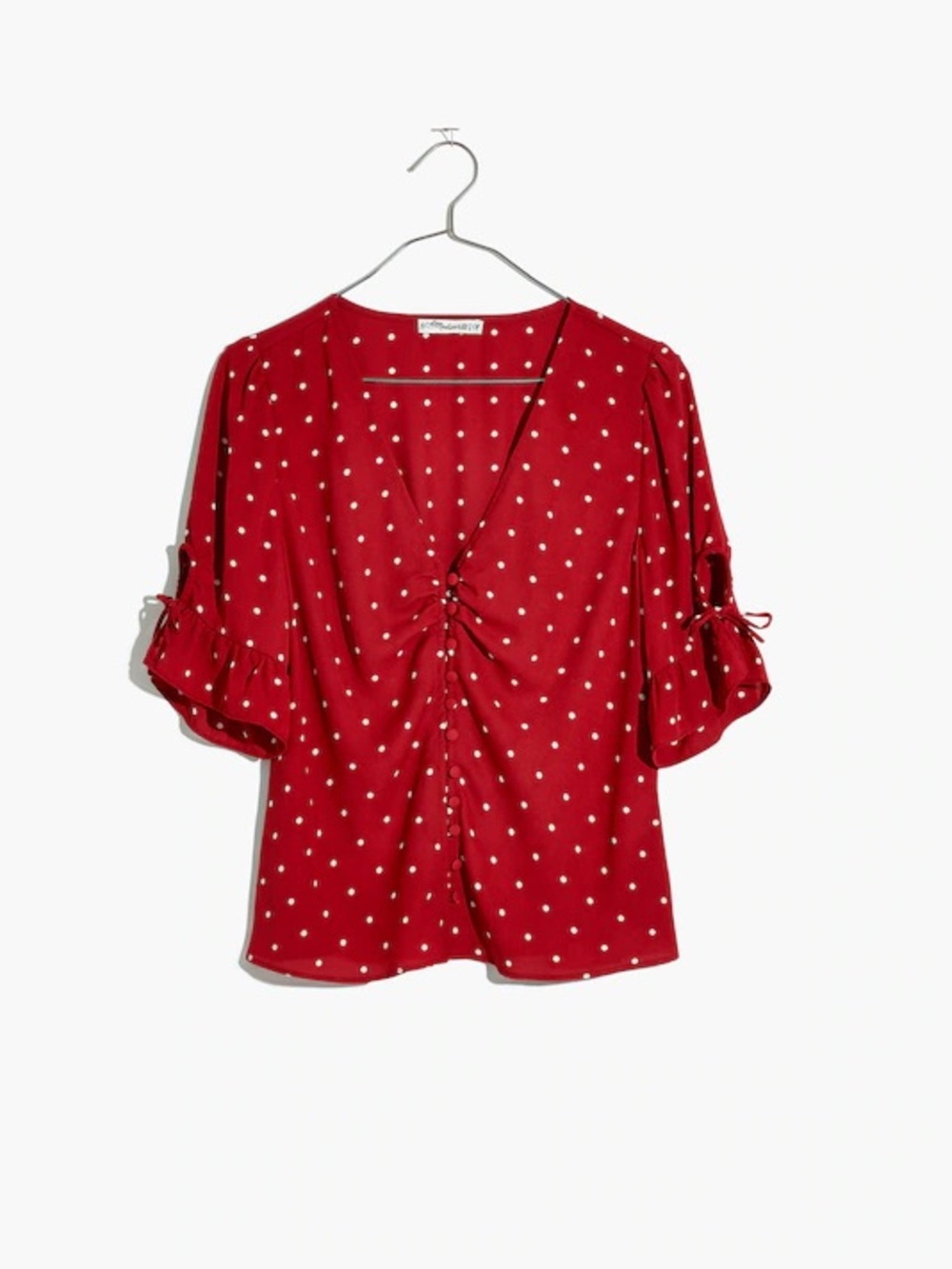 Madewell Red Polka Dot Ruched V-Neck Blouse